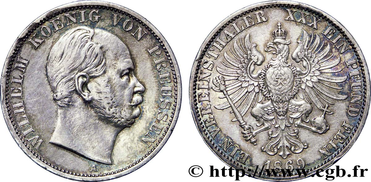 GERMANY - PRUSSIA 1 Vereinsthaler Guillaume Ier roi de Prusse / aigle héraldique 1869  AU 