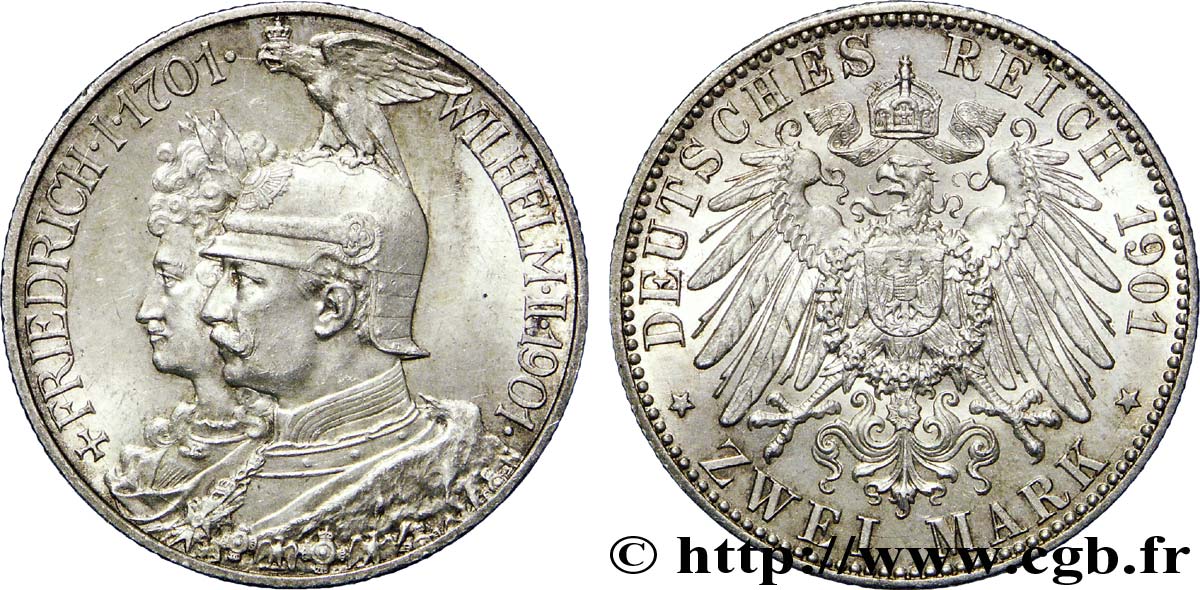 GERMANIA - PRUSSIA 2 Mark Royaume de Prusse Guillaume II 200e anniversaire de la Prusse / aigle 1901 Berlin SPL 