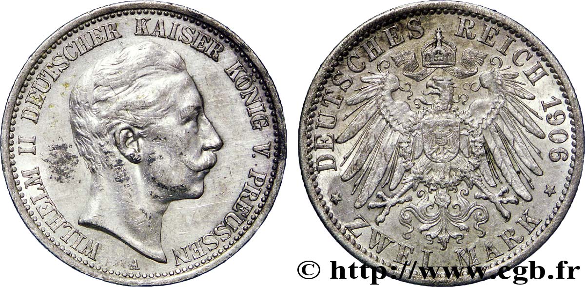 GERMANY - PRUSSIA 2 Mark Guillaume II  1906 Berlin AU 