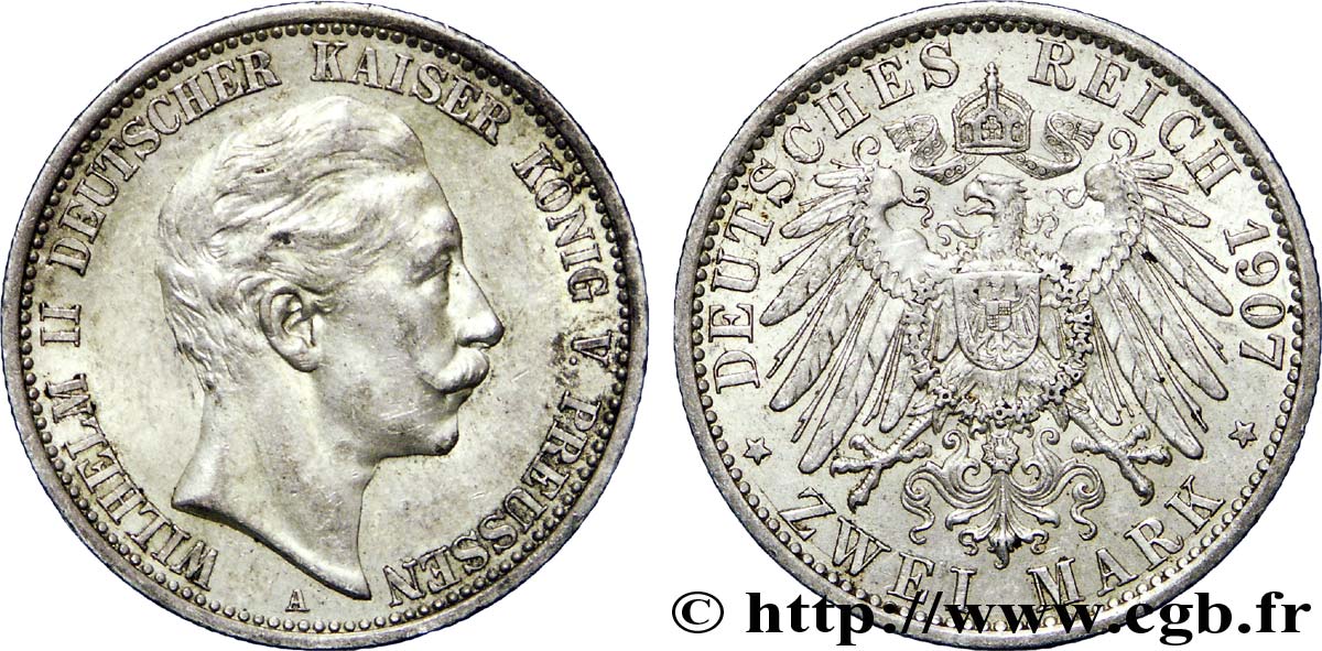 GERMANY - PRUSSIA 2 Mark Royaume de Prusse : Guillaume II / aigle 1907 Berlin AU 