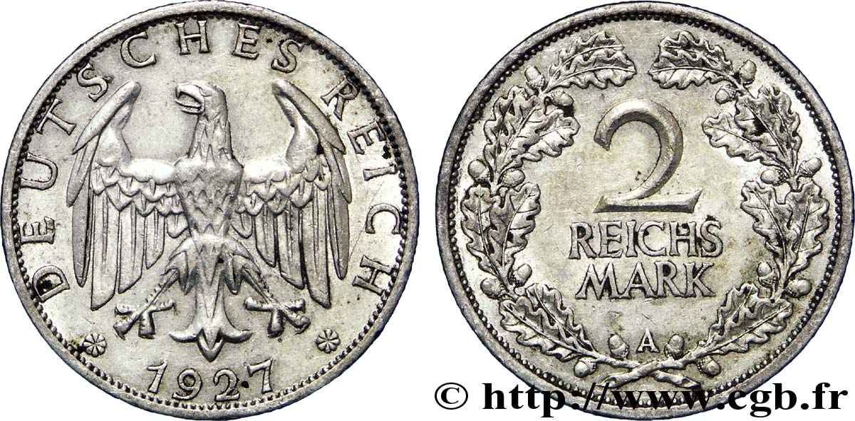 GERMANY 2 Reichsmark aigle 1927 Berlin AU 