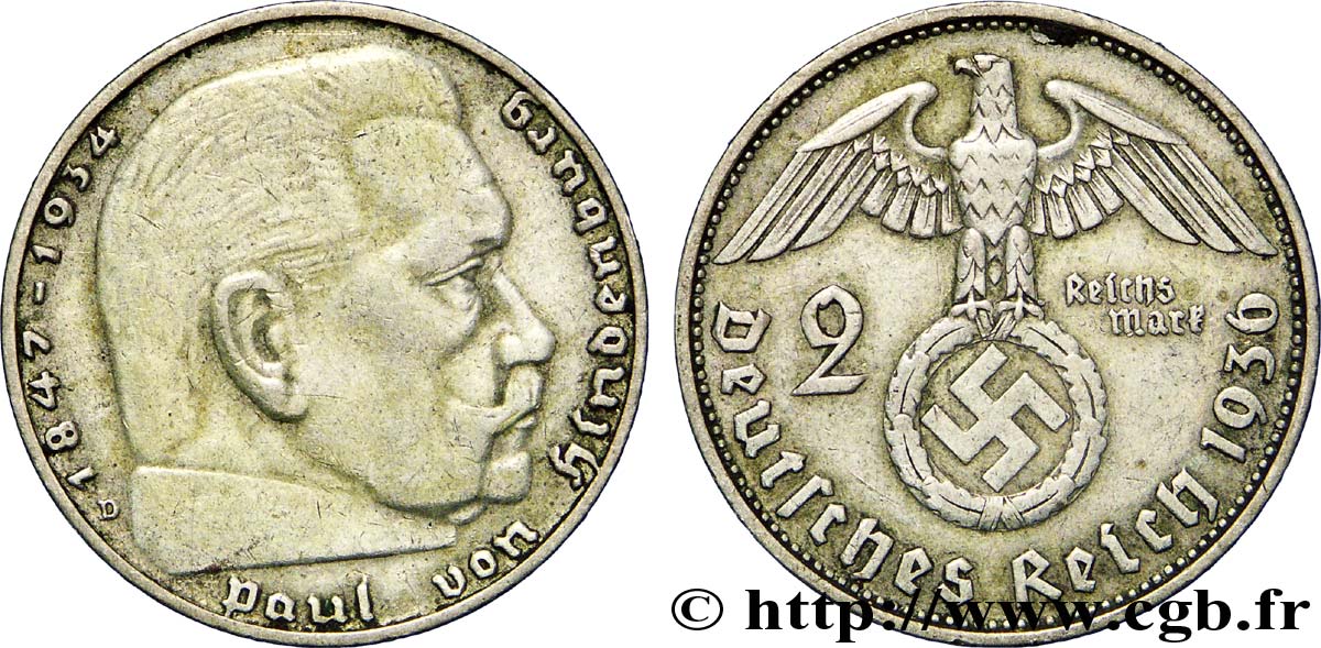 ALEMANIA 2 Reichsmark aigle surmontant une swastika / Maréchal Paul von Hindenburg 1936 Munich - D MBC+ 