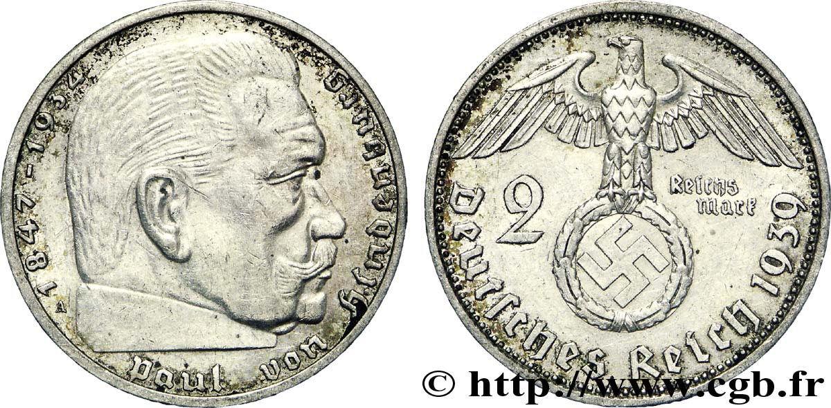 DEUTSCHLAND 2 Reichsmark aigle surmontant une swastika / Maréchal Paul von Hindenburg 1939 Berlin fVZ 