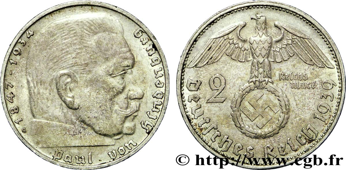 ALEMANIA 2 Reichsmark aigle surmontant une swastika / Maréchal Paul von Hindenburg 1939 Karlsruhe - G MBC 