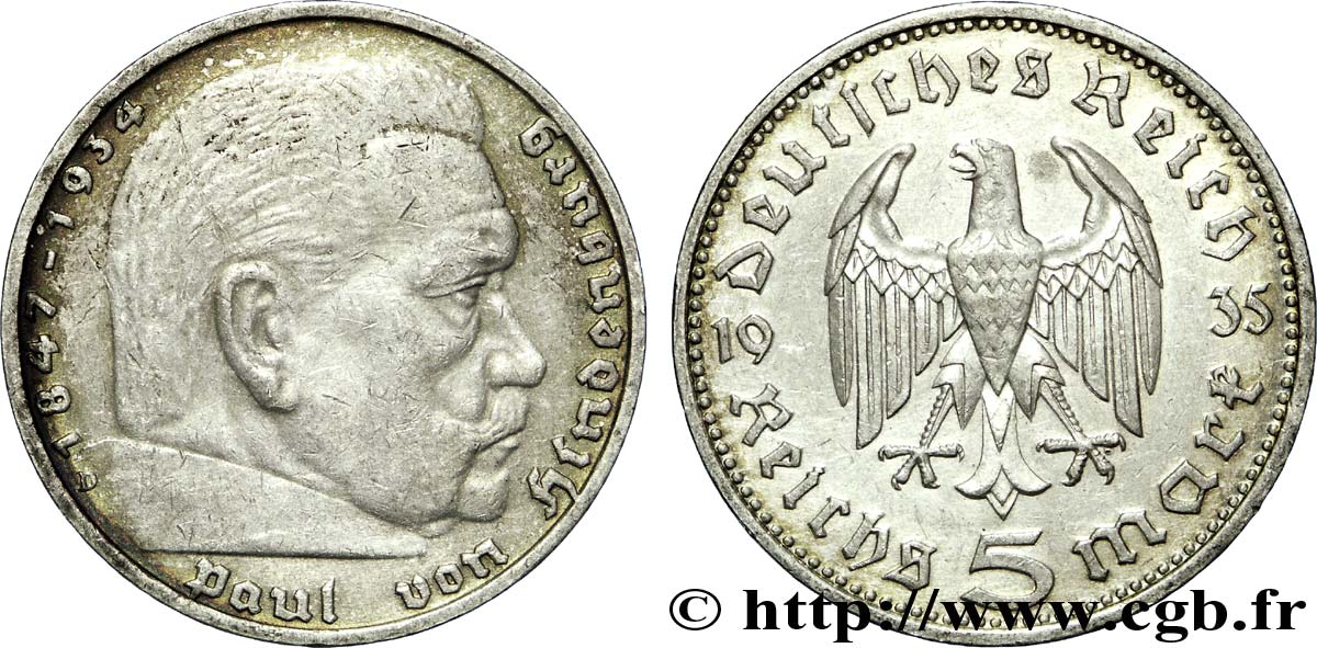 GERMANY 5 Reichsmark Aigle / Maréchal Paul von Hindenburg 1935 Munich AU 