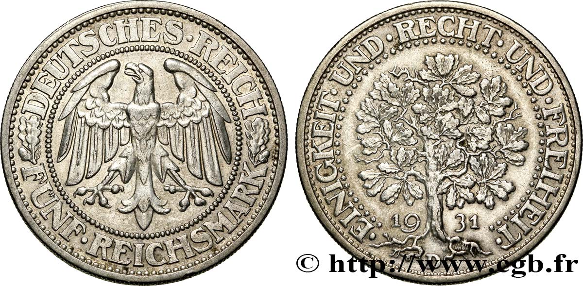 DEUTSCHLAND 5 Reichsmark aigle / chêne 1931 Munich - D VZ 