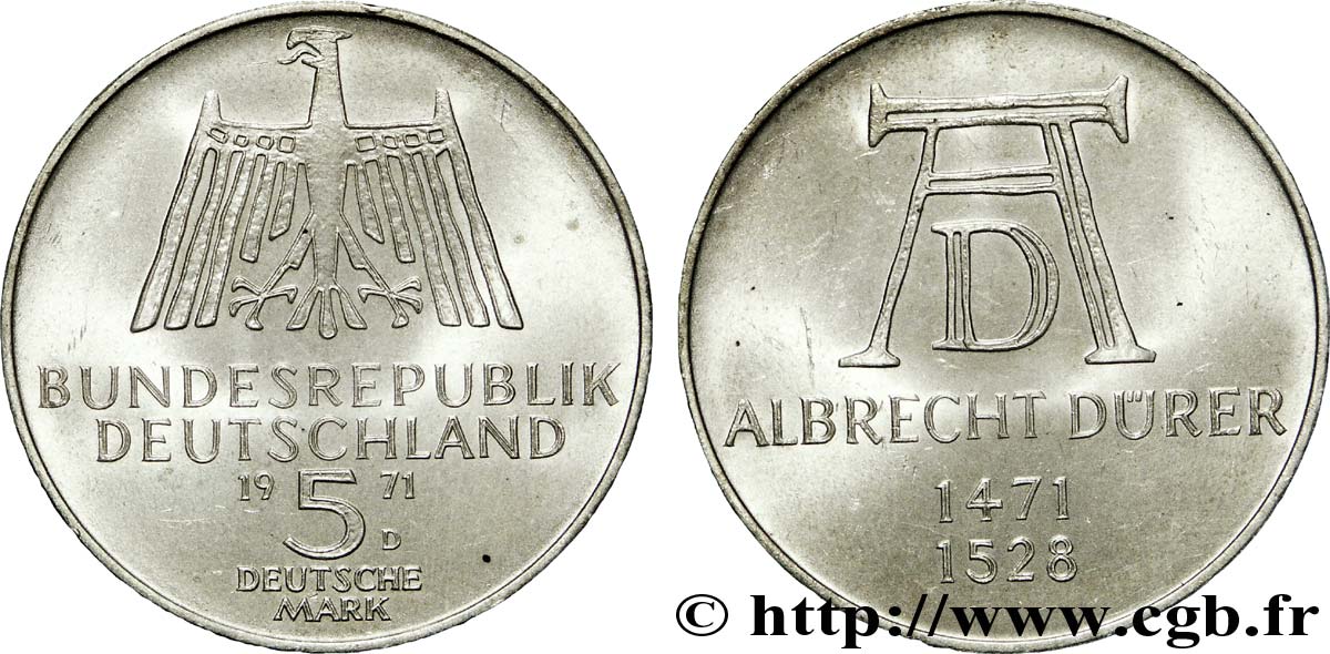 DEUTSCHLAND 5 Mark aigle héraldique / monogramme du peintre, graveur et mathématicien Albrecht Dürer 1971 Munich - D fST 