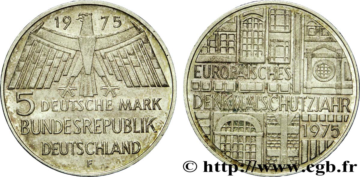 DEUTSCHLAND 5 Mark aigle héraldique / année européenne du patrimoine 1975 Stuttgart - F VZ 
