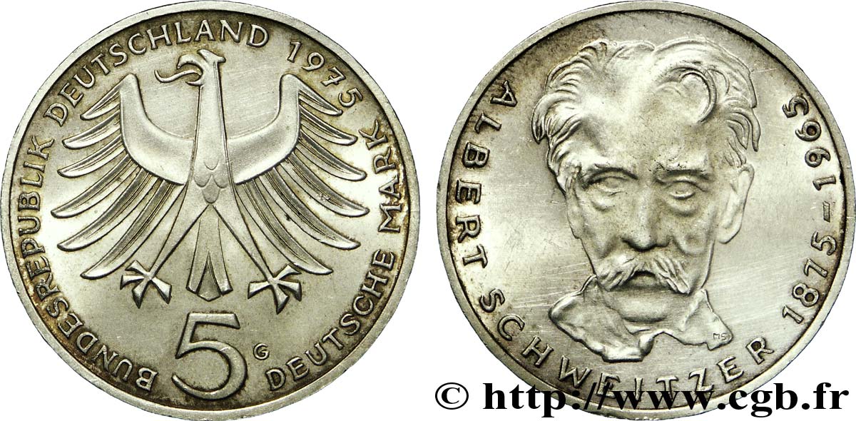 ALEMANIA 5 Mark aigle héraldique / Albert Schweitzer 1975 Karlsruhe - G EBC 