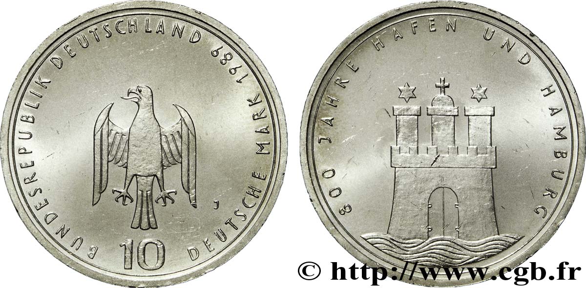 GERMANIA 10 Mark aigle héraldique / 800e anniversaire de la charte de ville libre de Hambourg
 1989 Hambourg - J SPL 