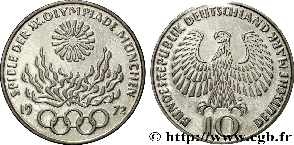 GERMANY 10 Mark BE (Proof) XXe J.O. Munich : aigle / flamme olympique 1972 Munich MS 