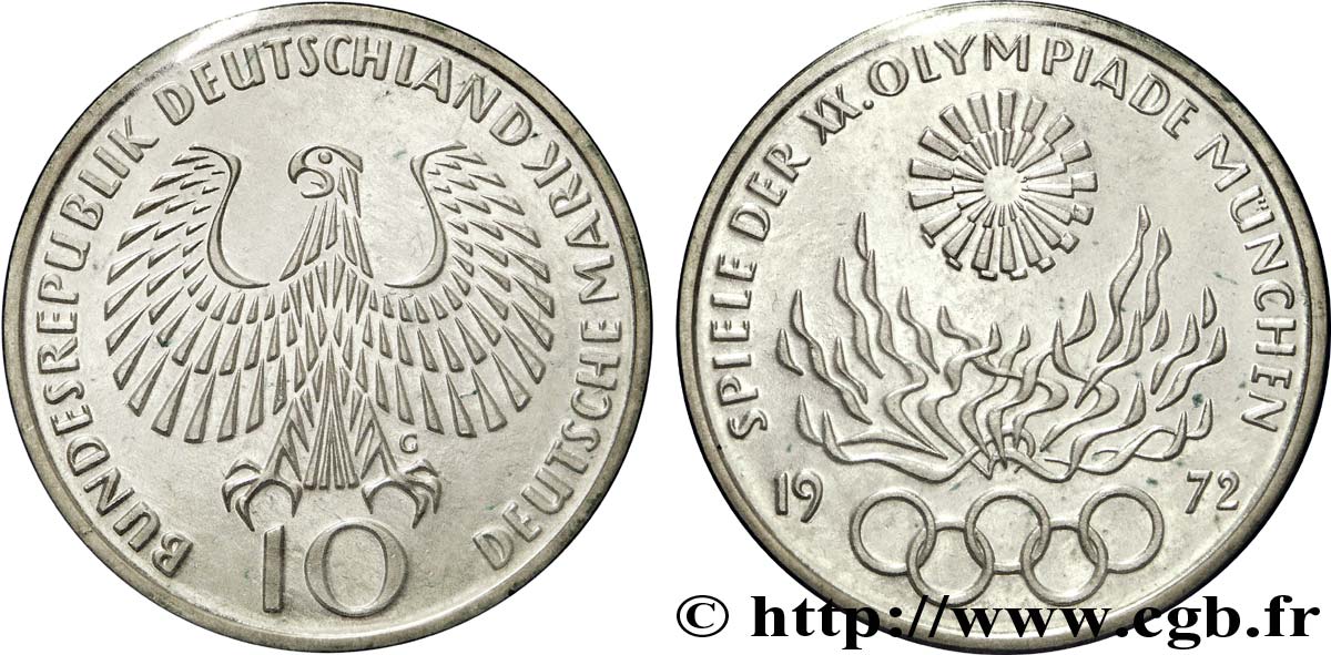 GERMANIA 10 Mark XXe J.O. Munich - Flamme olympique 1972 Karlsruhe MS 