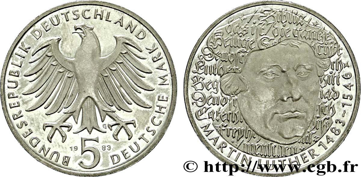 DEUTSCHLAND 5 Mark aigle héraldique / Martin Luther 1983 Karlsruhe - G VZ 
