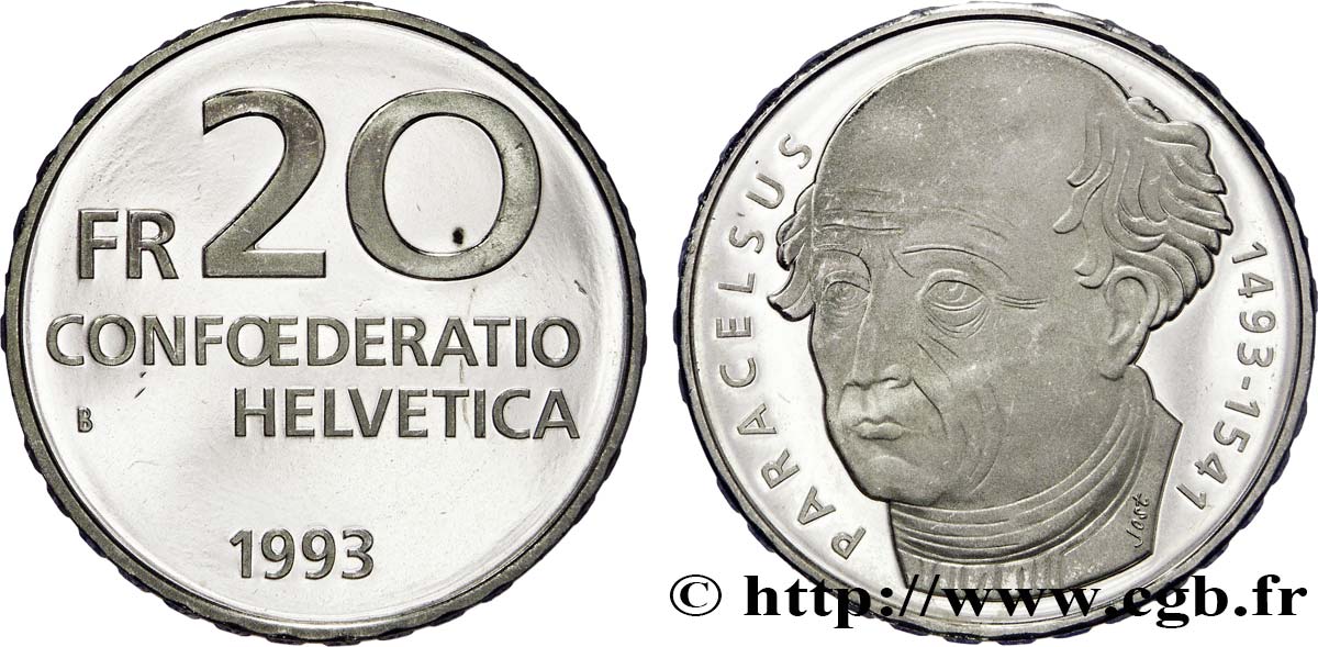 SWITZERLAND 20 Francs 500e anniversaire de la naissance du médecin Paracelse  1993 Berne - B MS 