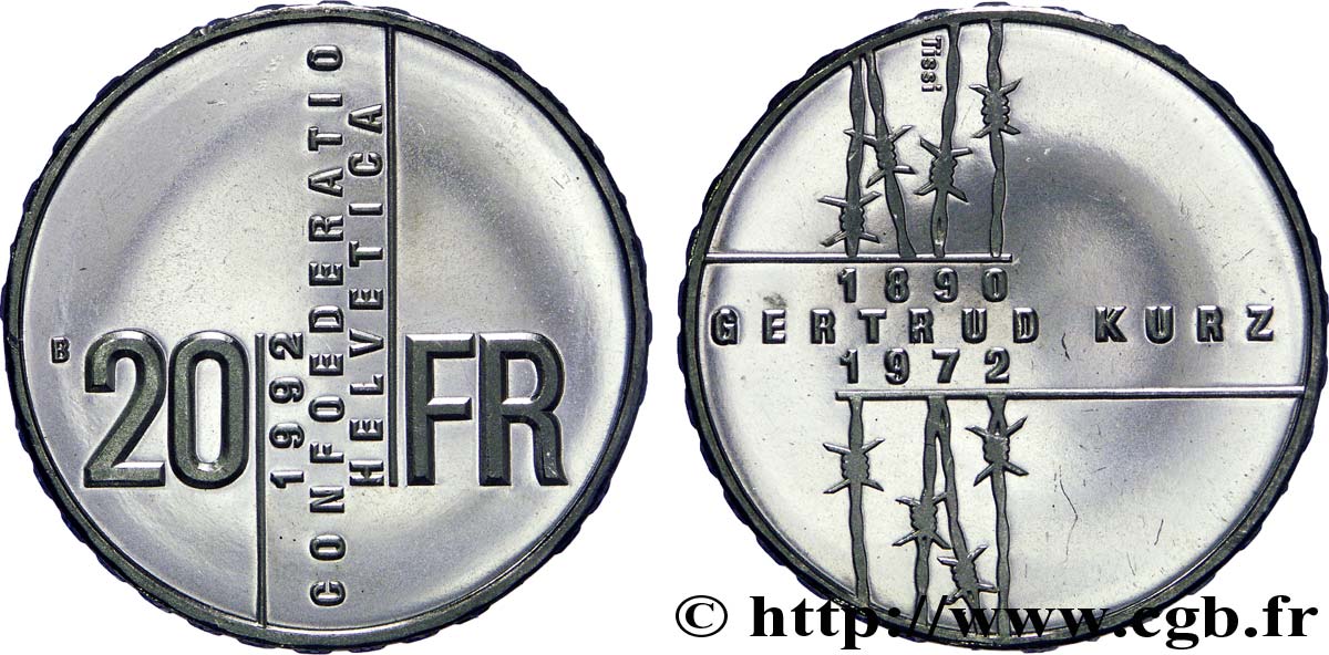 SWITZERLAND 20 Francs hommage à Gertrud Kurz 1990 Berne - B MS 