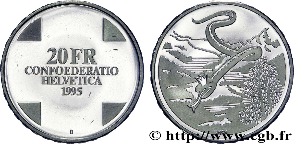 SWITZERLAND 20 Francs “le serpent blanc”des frères Grimm - Proof 1995 Berne MS 