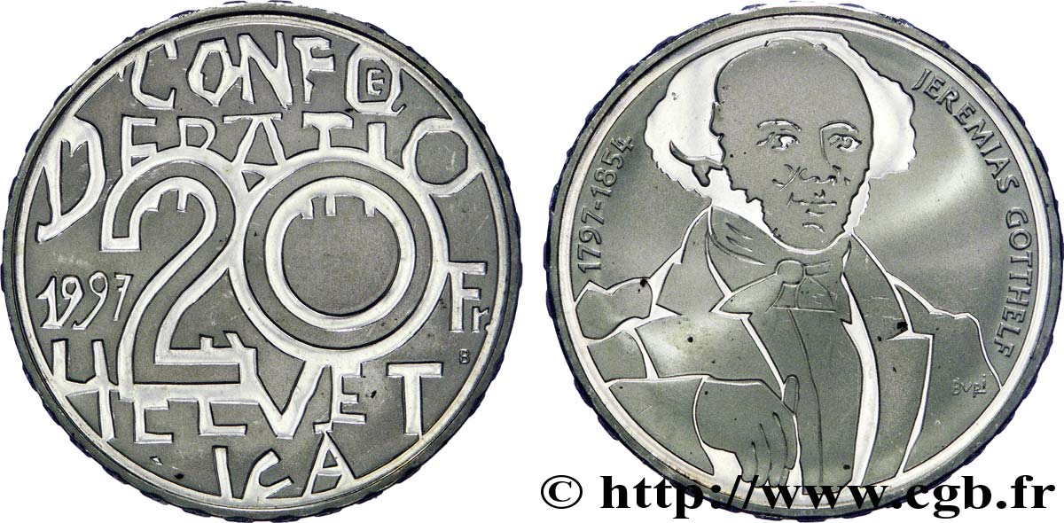 SVIZZERA  20 Francs BE 200e anniversaire de l’écrivain bernois Jeremias Gotthelf 1997 Berne - B MS 