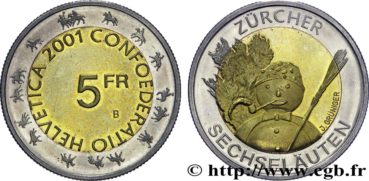 SCHWEIZ 5 Francs Zürcher Sechselaüten 2001 Berne - B fST 