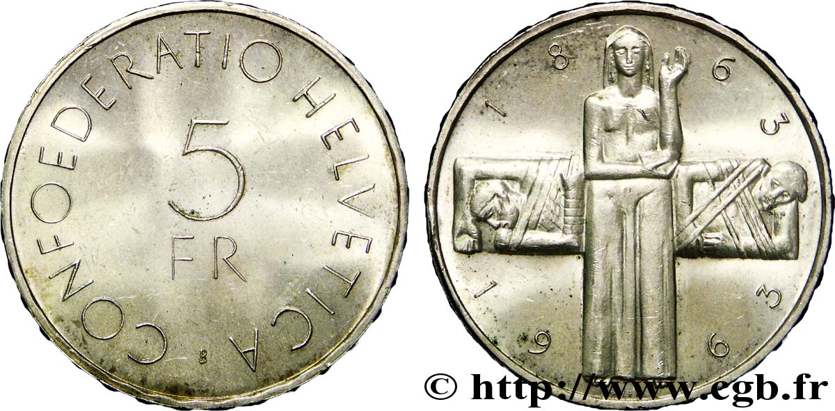 SVIZZERA  5 Francs centenaire de la Croix Rouge 1963 Berne - B SPL 