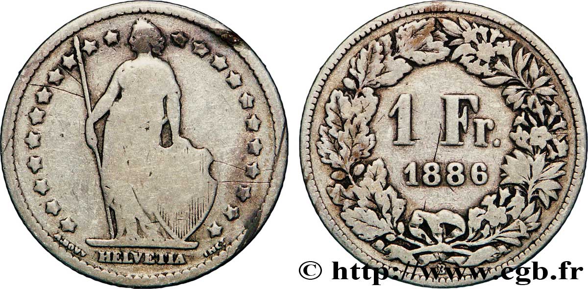 SUIZA 1 Franc Helvetia 1886 Berne RC+ 