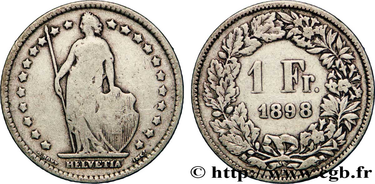 SWITZERLAND 1 Franc Helvetia 1898 Berne VF 