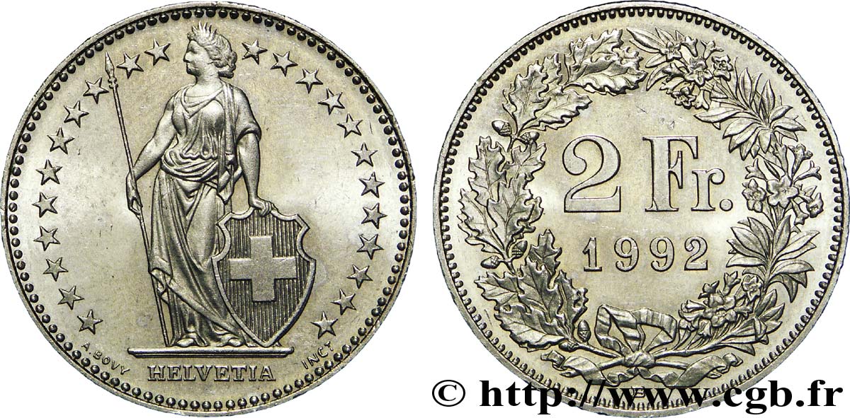 SUISSE 2 Francs Helvetia 1992 Berne - B SPL 