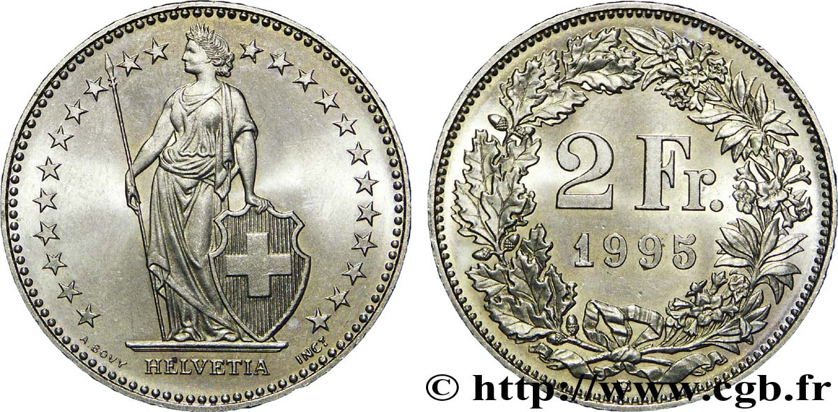 SCHWEIZ 2 Francs Helvetia 1995 Berne - B fST 
