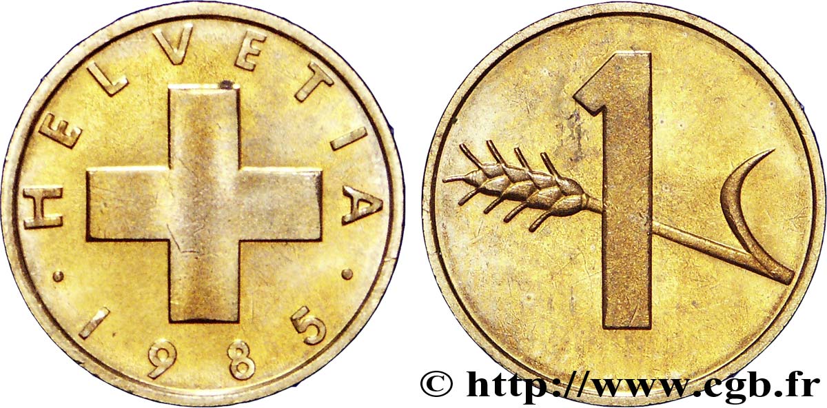 SWITZERLAND 1 Centime Croix Suisse / épi d’avoine 1985 Berne - B MS 