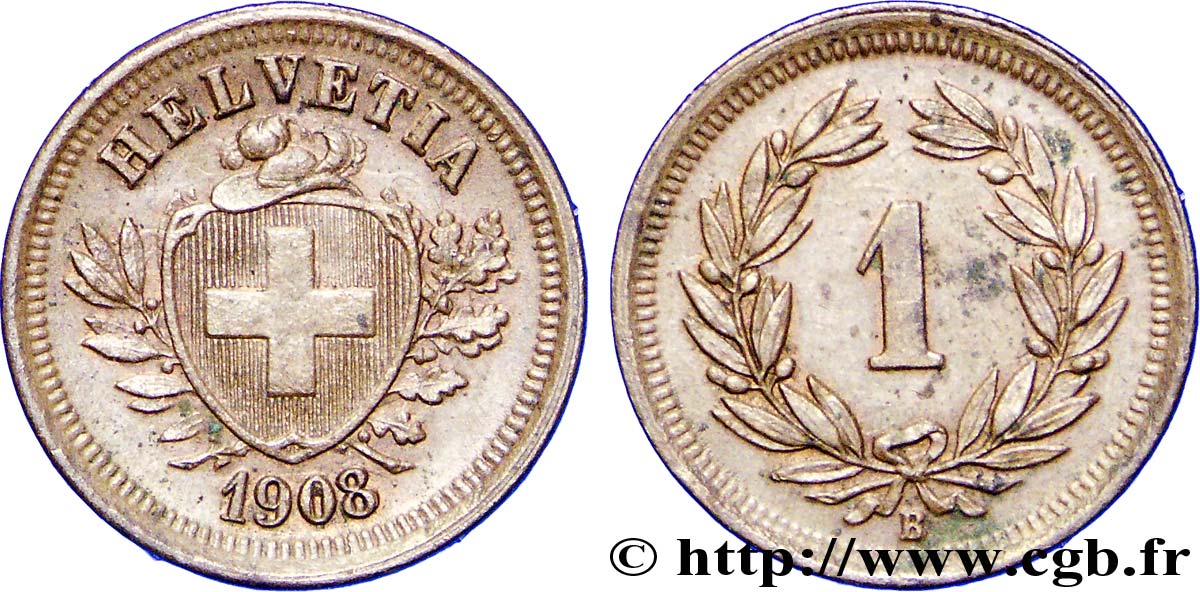 SWITZERLAND 1 Centime Croix Suisse 1908 Berne - B AU 
