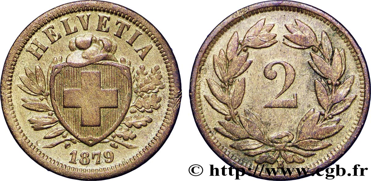 SCHWEIZ 2 Centimes (Rappen) croix suisse 1879 Berne - B SS 