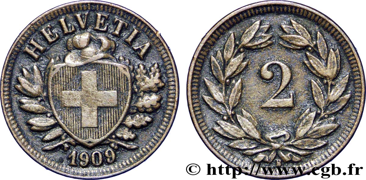 SWITZERLAND 2 Centimes (Rappen) croix suisse 1909 Berne - B XF 