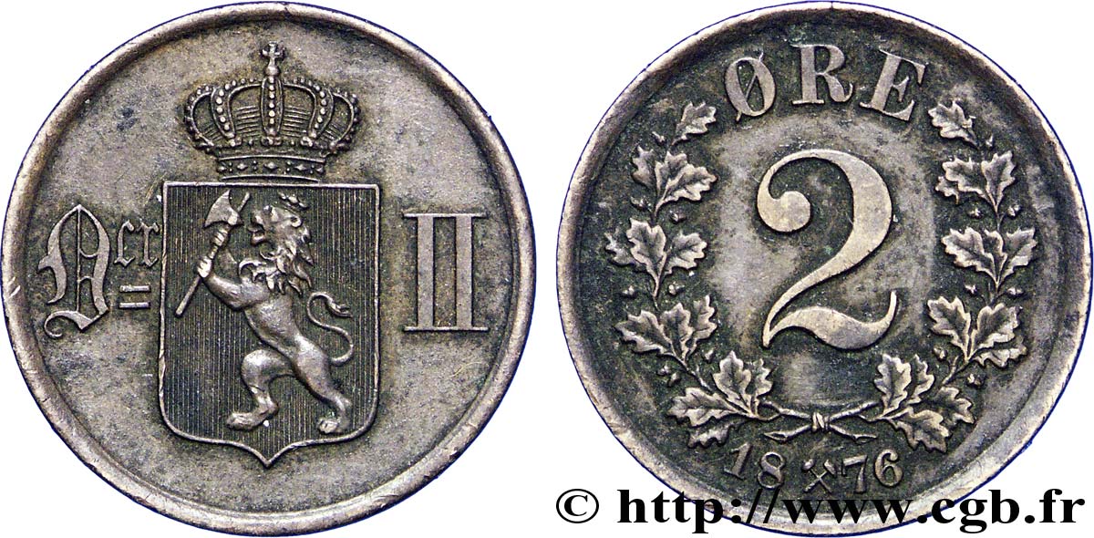 NORWEGEN 2 Ore monogramme d’Oscar II et emblème 1876  VZ 