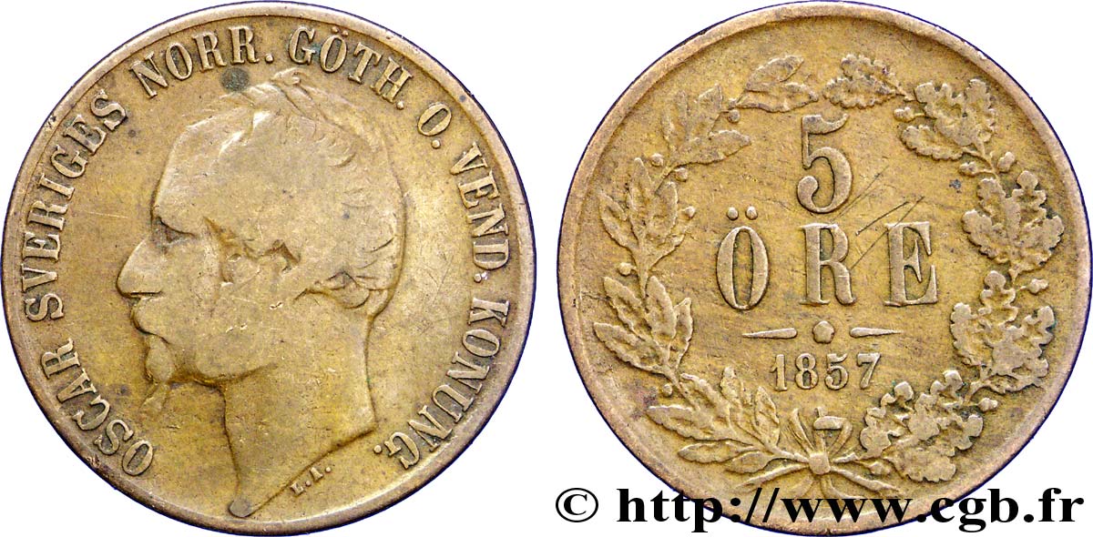 SUÈDE 5 Ore Oscar Ier 1857  TB+ 
