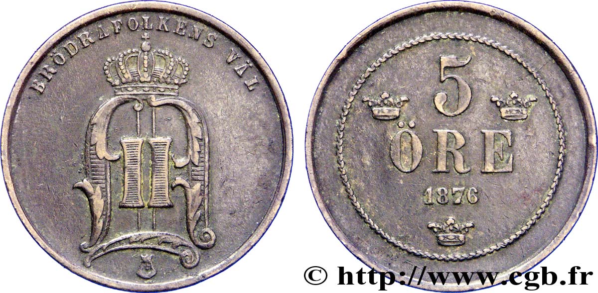 SWEDEN 5 Ore Oscar II 1876  AU 