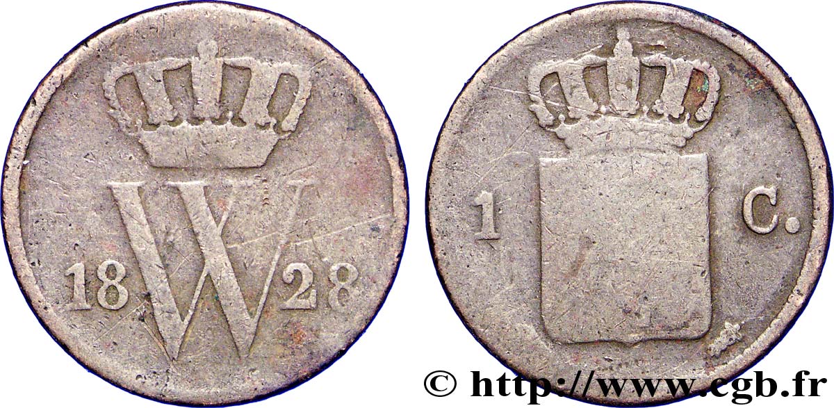 NETHERLANDS 1 Cent  emblème monogramme de Guillaume Ier 1828 Utrecht VG 