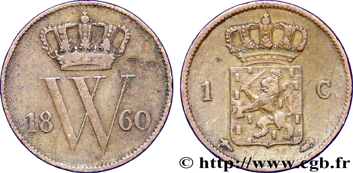 NETHERLANDS 1 Cent  emblème monogramme de Guillaume III 1860 Utrecht VF 