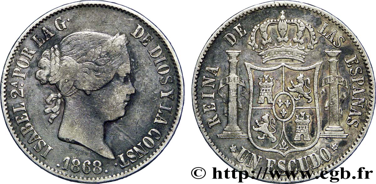 ESPAGNE 1 Escudo Isabelle II / écu couronné 1868 Madrid TTB 