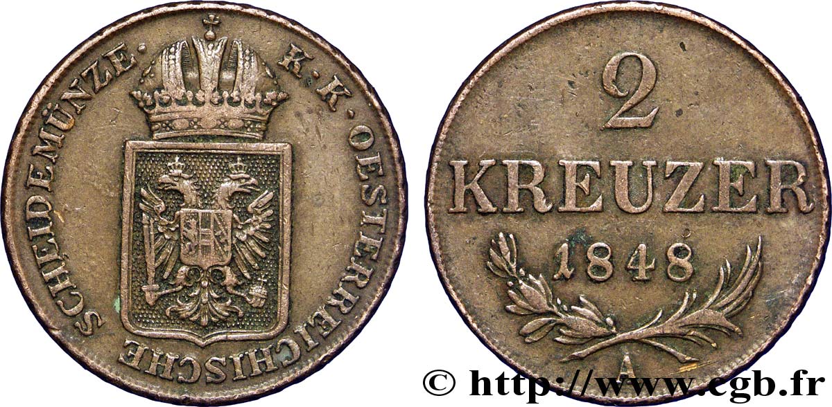 AUSTRIA 2 Kreuzer monnayage de la révolution de 1848-1849 1848 Vienne MBC+ 