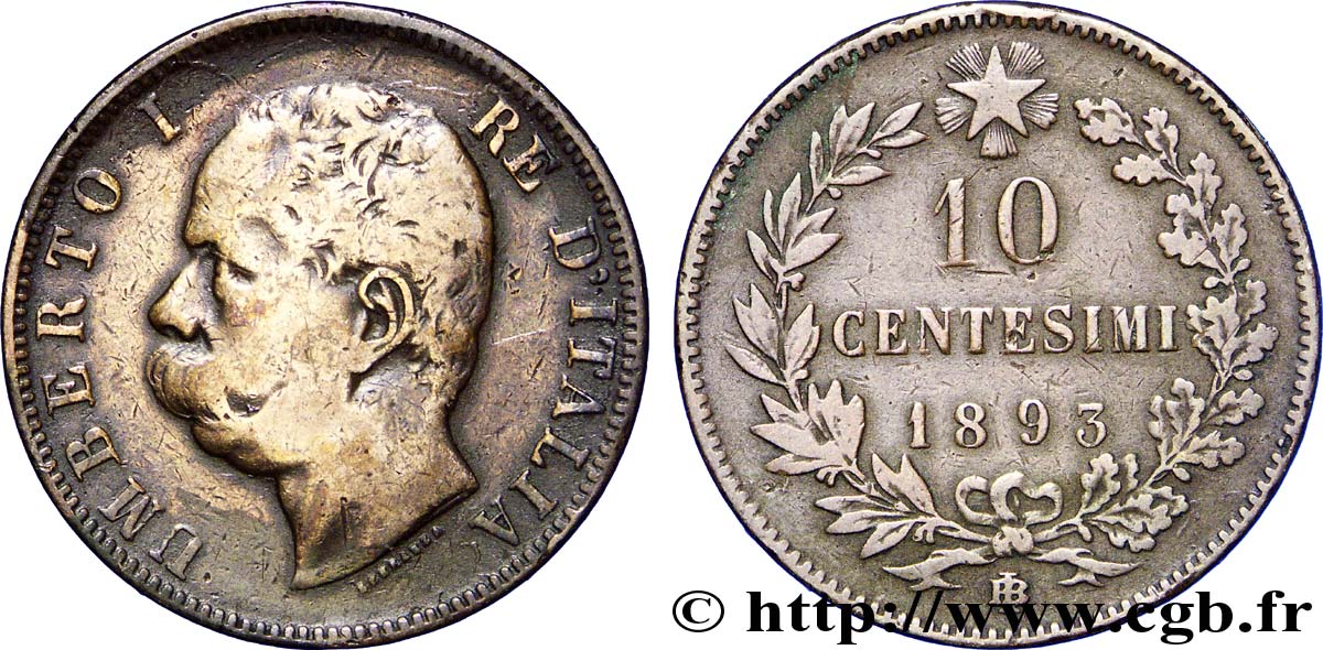ITALY 10 Centesimi Royaume d’Italie Humbert Ier 1893 Birmingham VF 