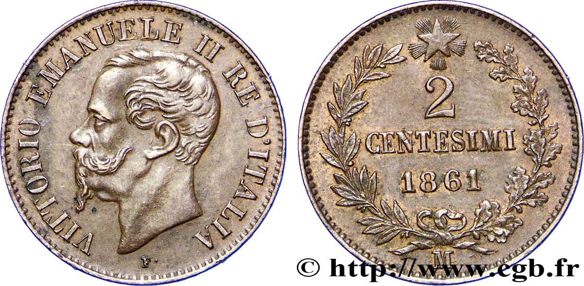 ITALY 2 Centesimi Victor Emmanuel II 1861 Milan - M AU 