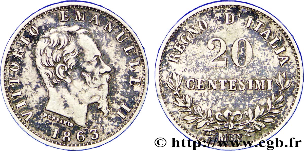 ITALIA 20 Centesimi Victor Emmanuel II 1863 Milan - M BC+ 