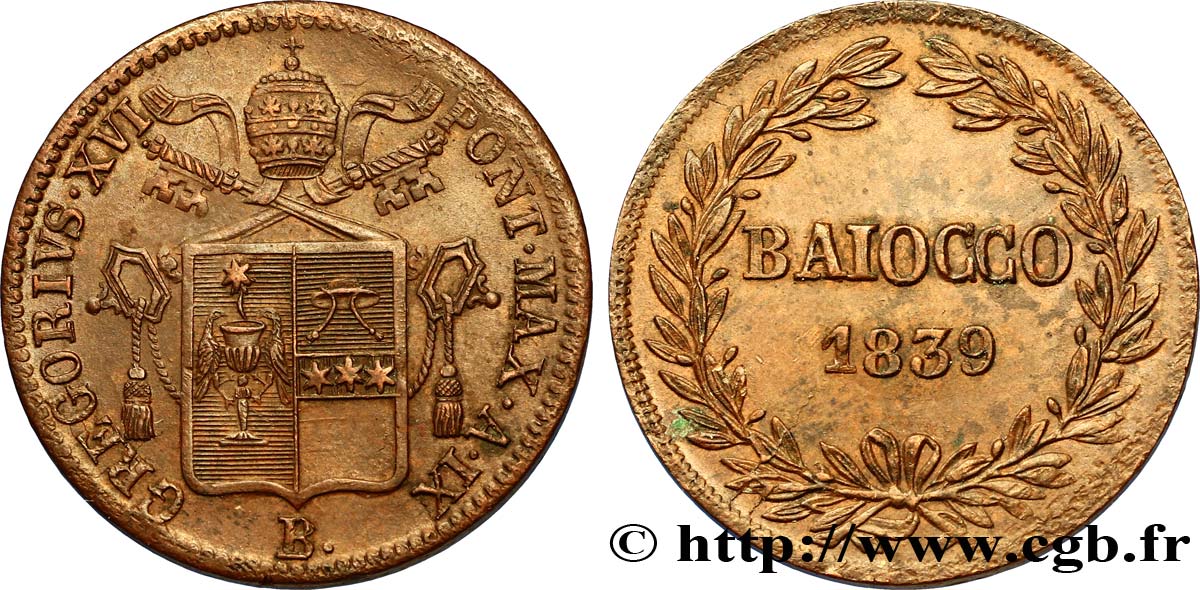 VATICAN AND PAPAL STATES 1 Baiocco armes du vatican frappé au nom de Grégoire XVI an IX 1839 Bologne - B AU 