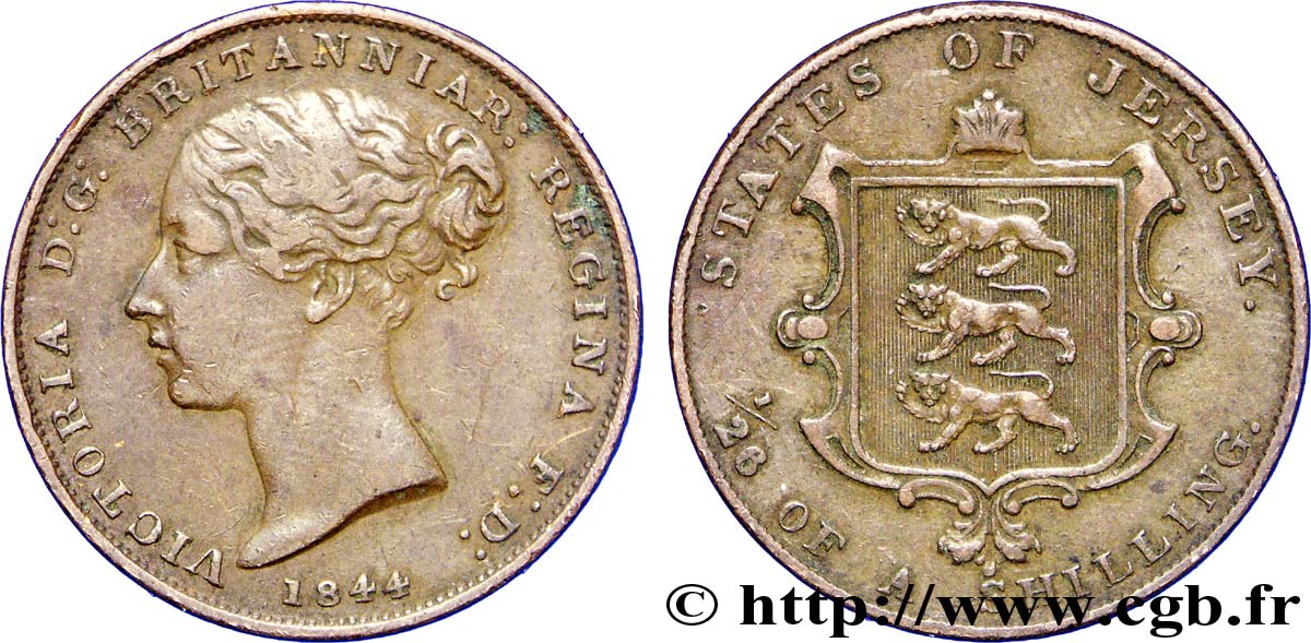 ISLA DE JERSEY 1/26 Shilling Reine Victoria / armes du Baillage de Jersey 1844  MBC 