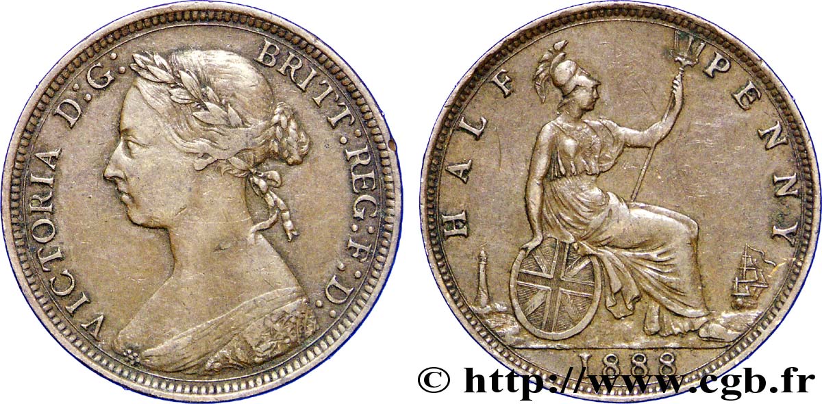 UNITED KINGDOM 1/2 Penny Victoria “Bun Head” 1888  AU 