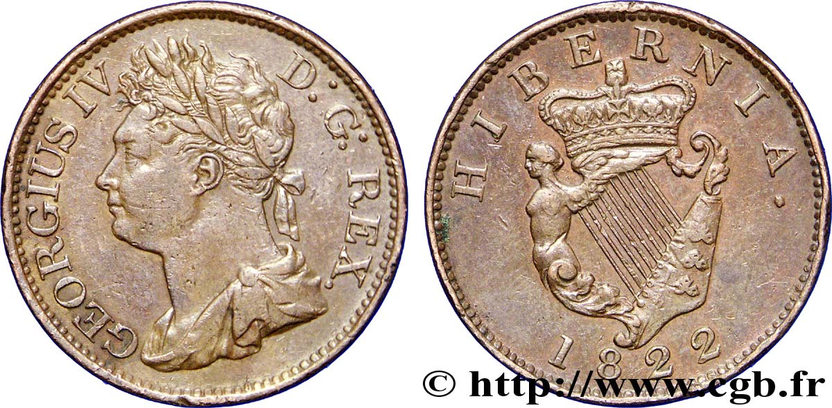 IRELAND REPUBLIC 1/2 Penny Georges IV 1822  AU 