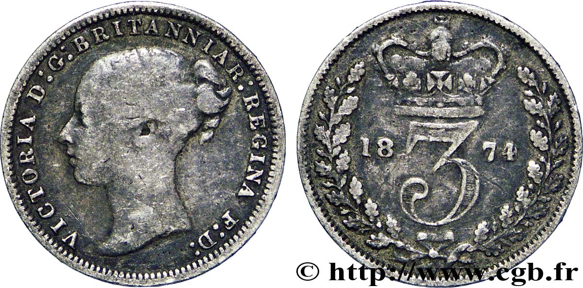 UNITED KINGDOM 3 Pence Victoria “Bun Head” 1874  VF 