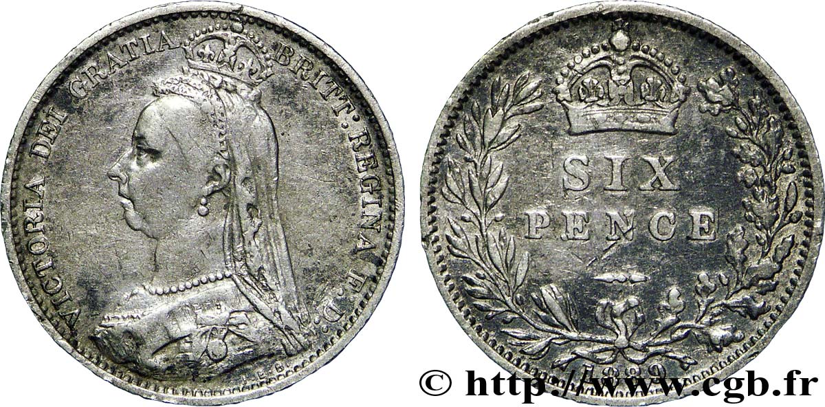 UNITED KINGDOM 6 Pence Victoria couronné / blason 1889  XF 