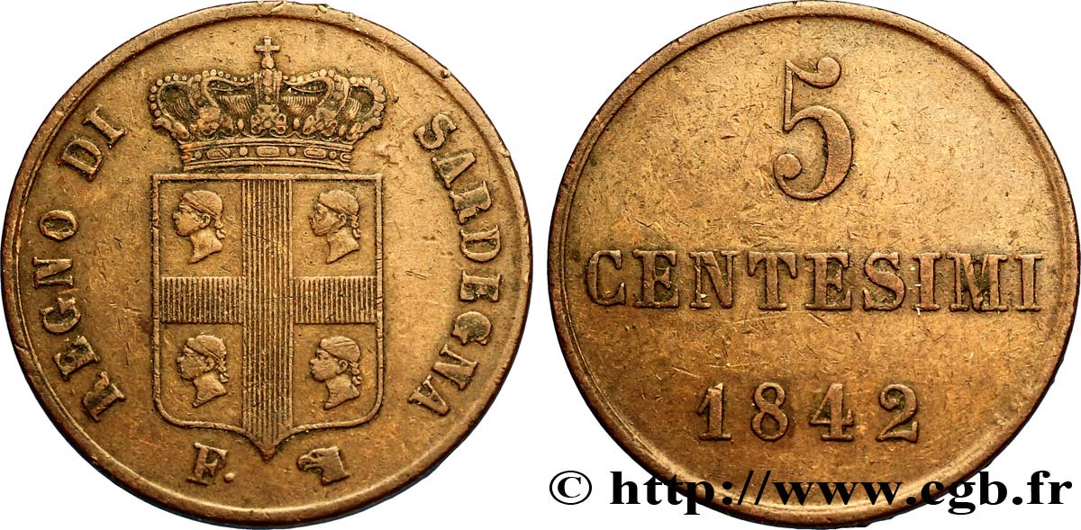 ITALIA - REINO DE CERDEÑA 5 Centesimi Royaume de Sardaigne 1842 Turin MBC 