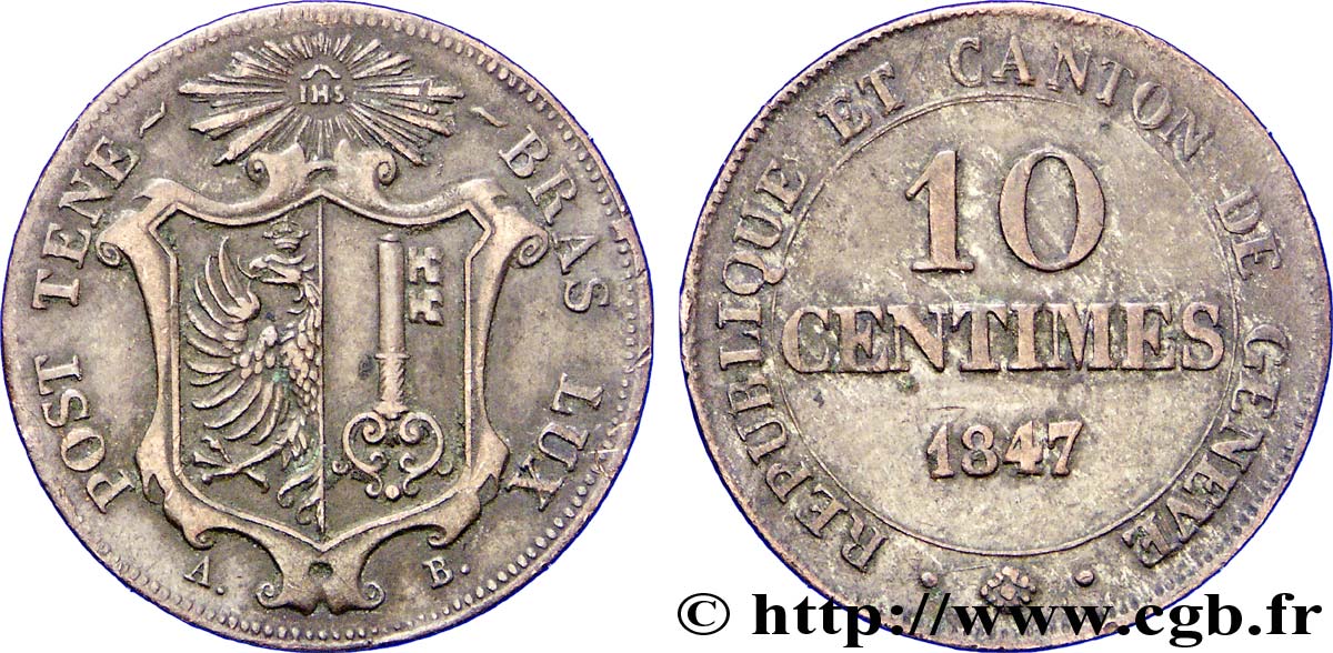 SWITZERLAND - REPUBLIC OF GENEVA 10 Centimes - Canton de Genève 1847  XF 