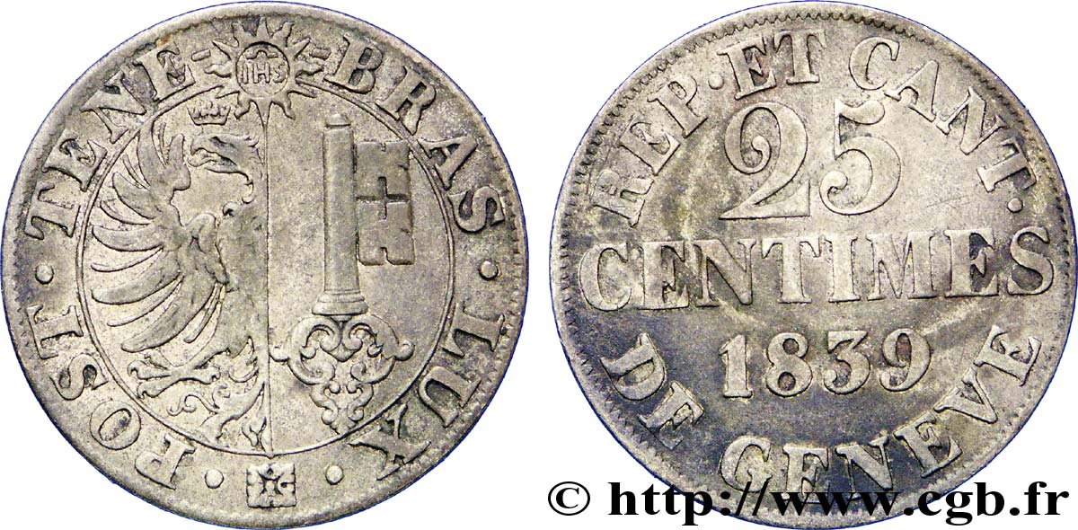 SWITZERLAND - REPUBLIC OF GENEVA 25 Centimes - Canton de Genève 1839  XF 